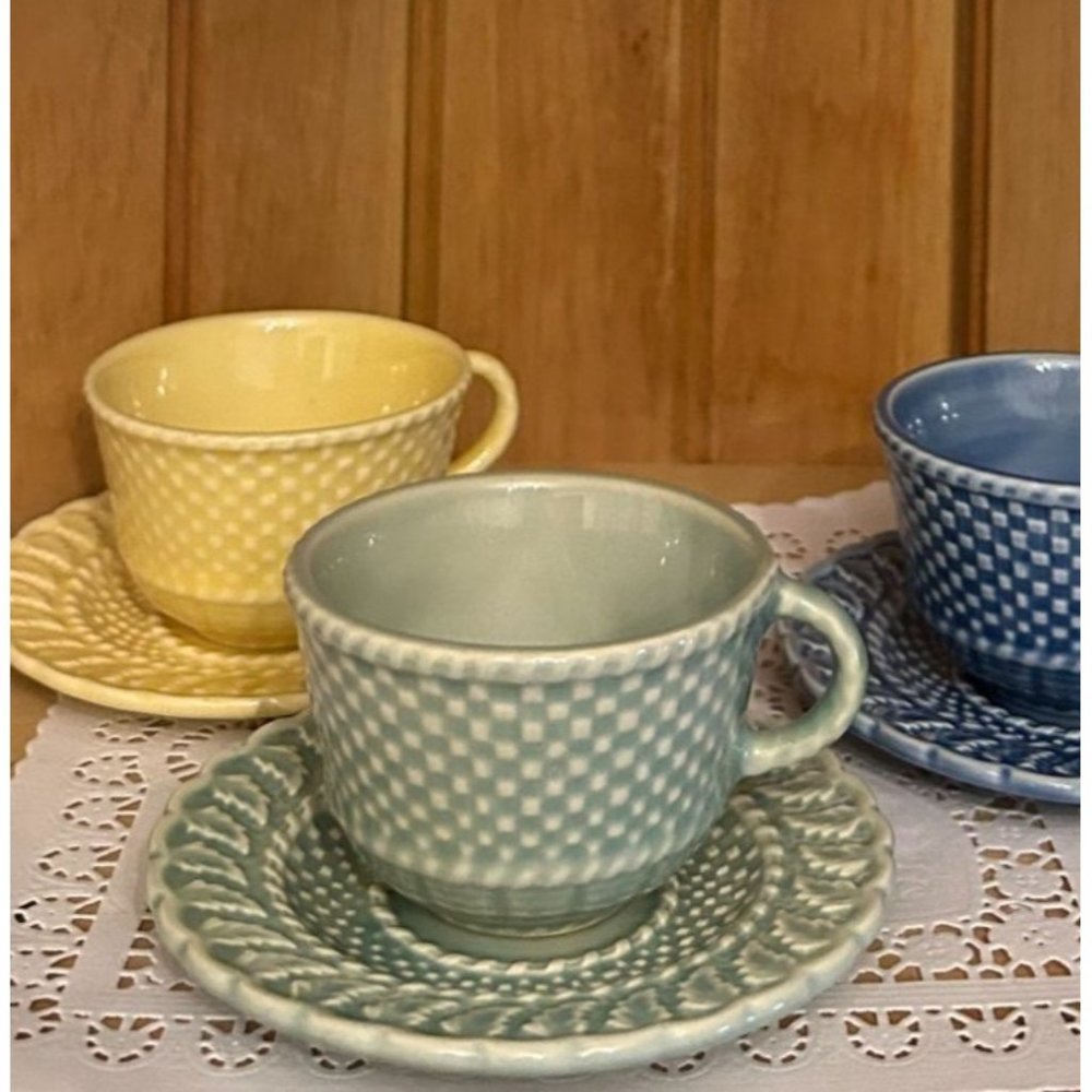Vintage Pinheiro Bordallo Green Basketweave Cup & Saucer Portugal Ceramic Mug